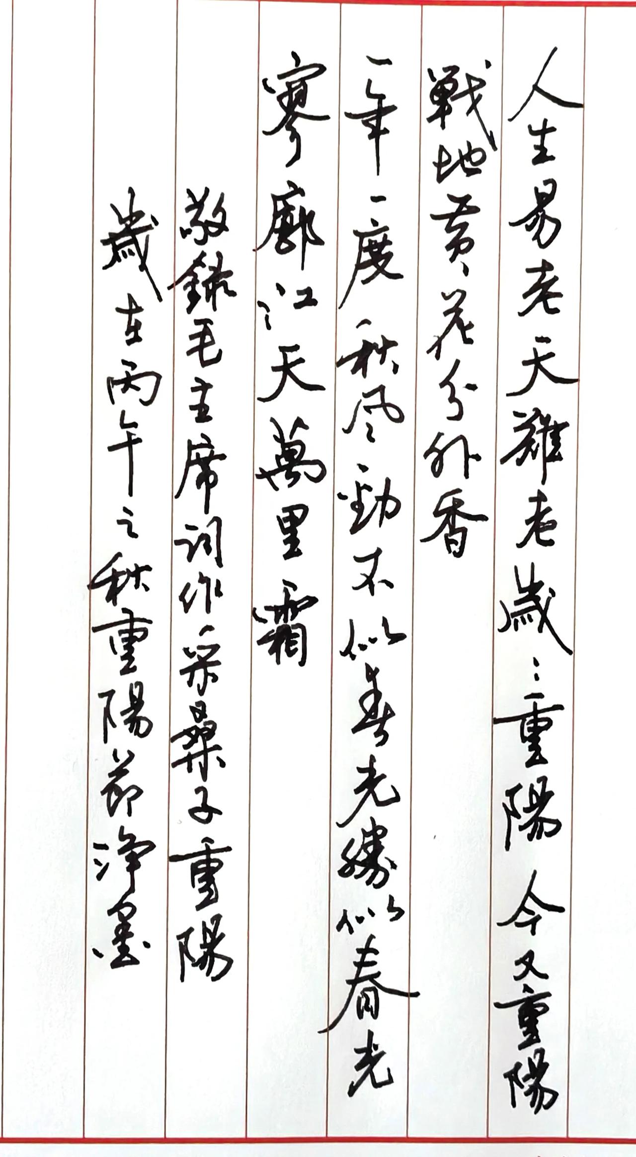 再用钢笔写一遍。
竖格硬笔行草，在红格内排布匀称，笔画流畅灵动，字的大小错落自然