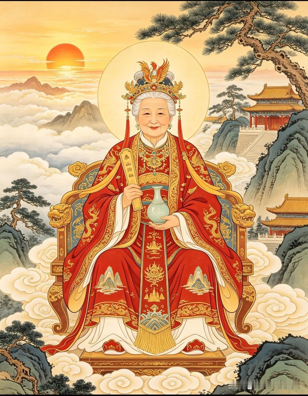 云海苍茫，旭日东升，青松相伴，泰山奶奶端坐祥云之间。
世人奔波一生，所求不过家人