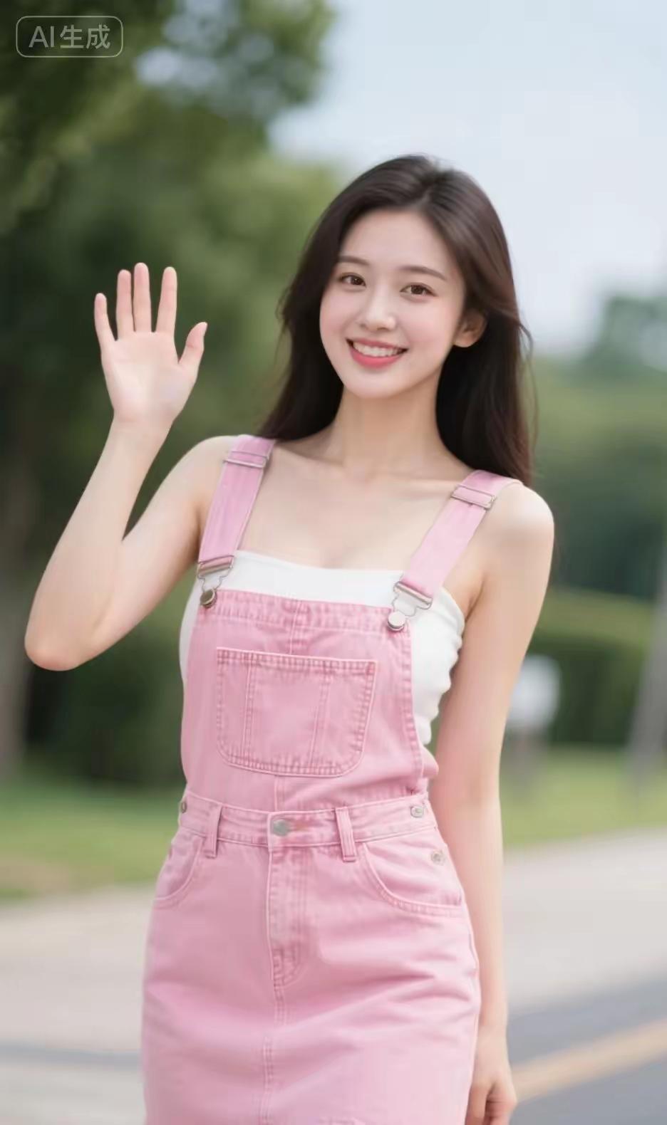 年轻东亚女生，柔顺浅棕长直发，清新淡妆，笑容甜美，身穿粉色牛仔背带短裙，内搭白色