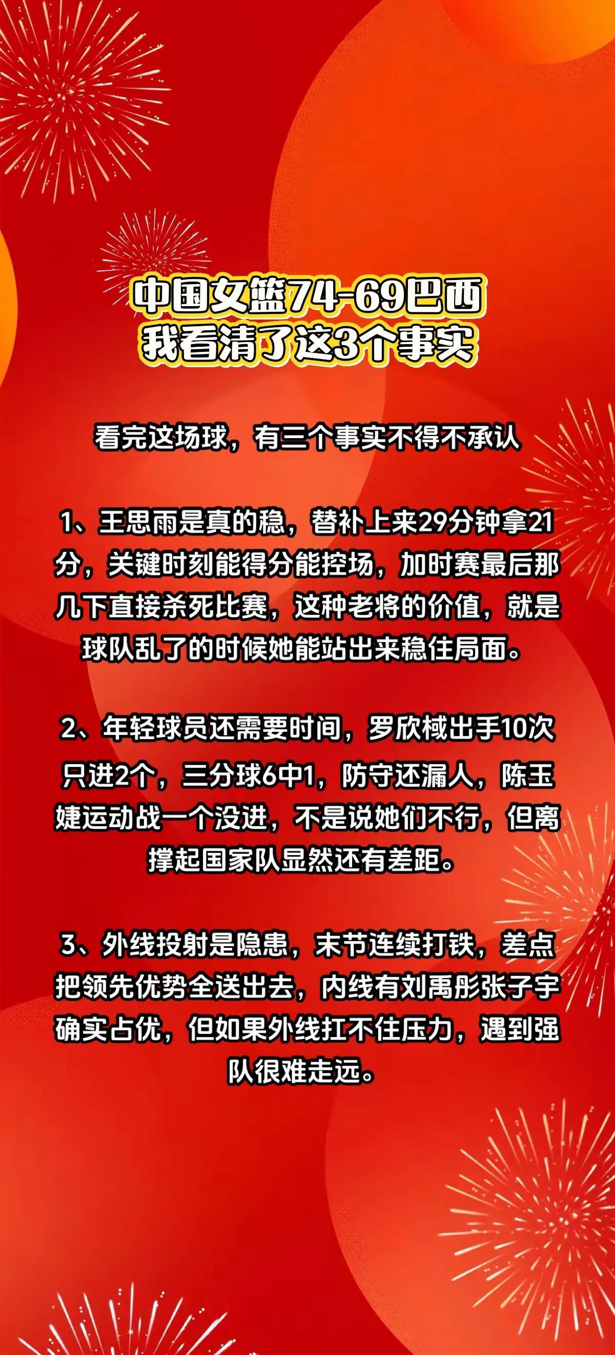 中国女篮74-69巴西，我看清楚这3件事。中国女篮