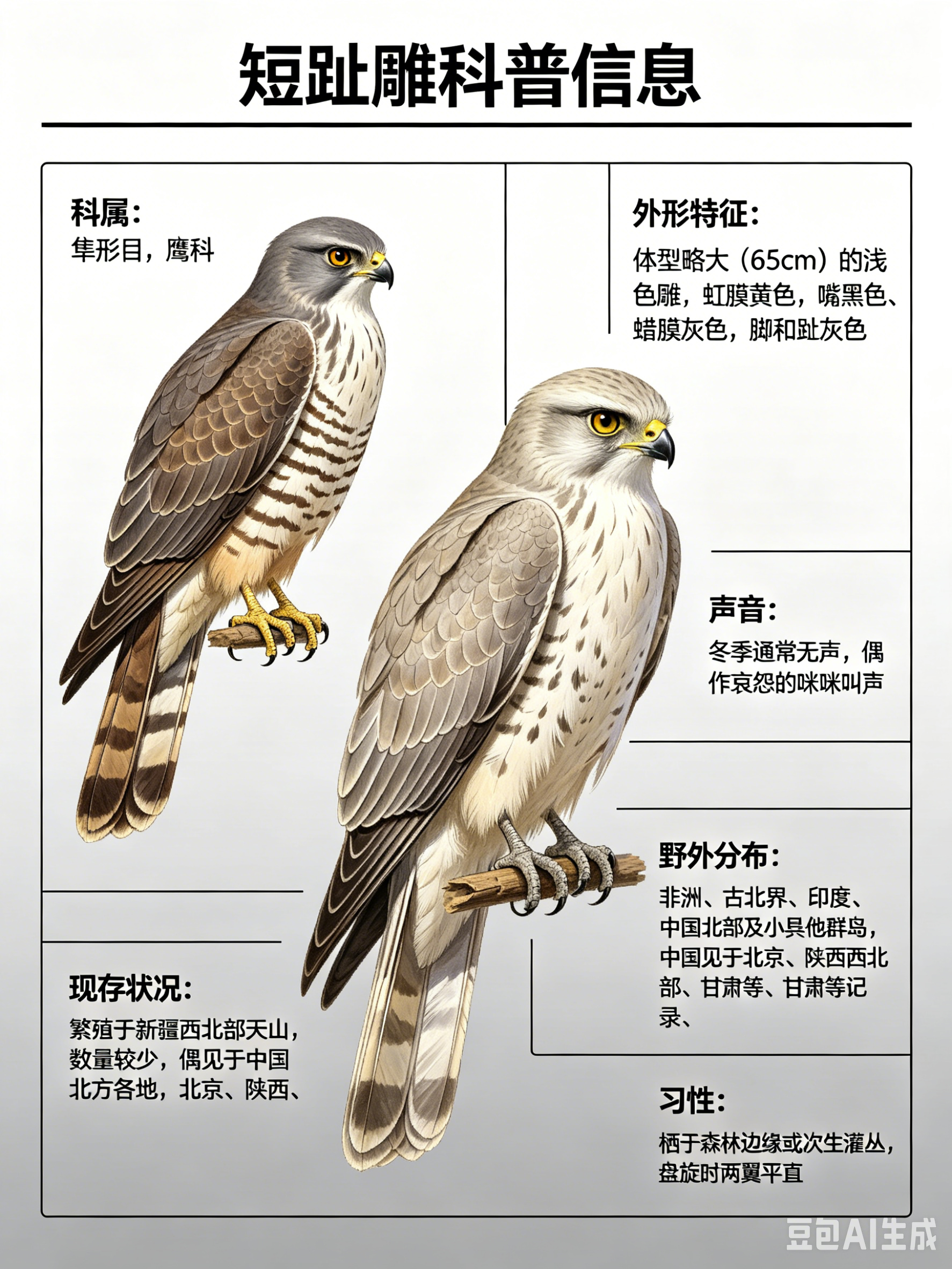 鸟类朋友图鉴 短趾雕·科属：隼形目，鹰科。·外形特征：体型略大（65cm）的浅色