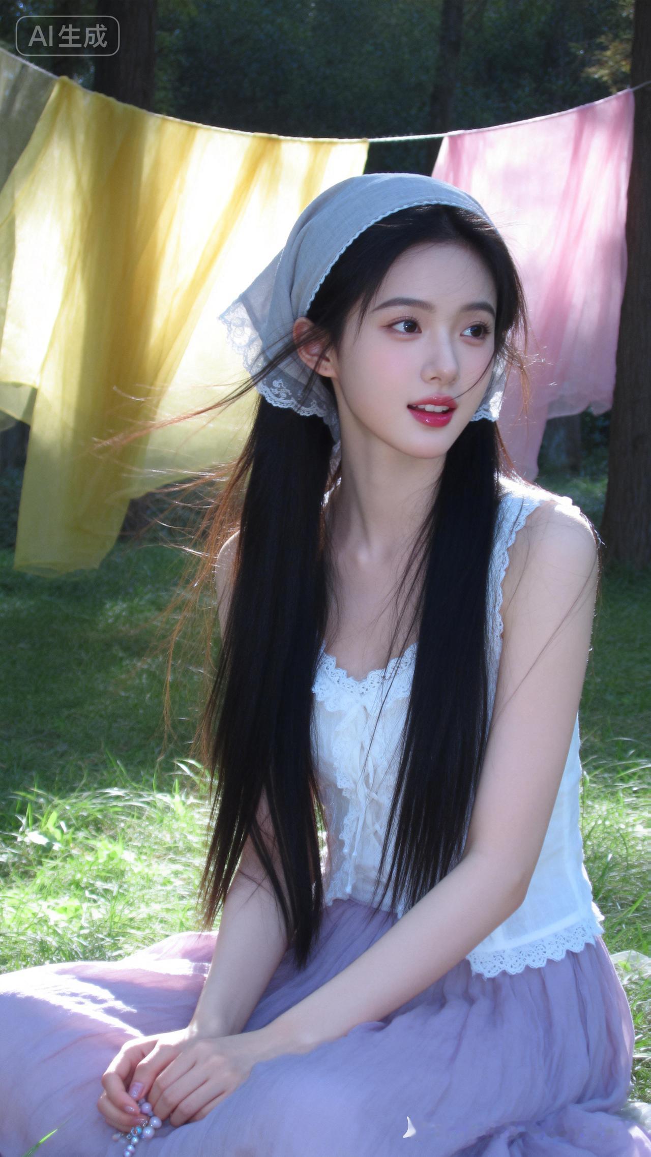 江南甜妹，黑长直蓬松垂坠、发丝轻飘凌乱，浅灰头巾配白蕾丝无袖上衣+浅紫长裙，冷白