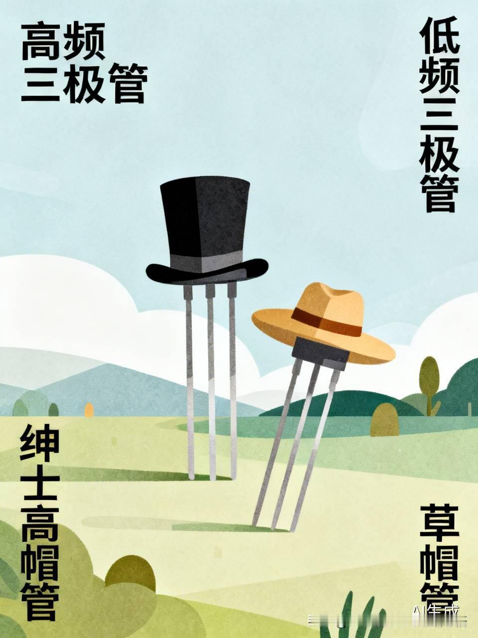 高频三极管是绅士高帽管，低频三极管是典型的草帽管！这两种管子的造型特点太鲜明了，