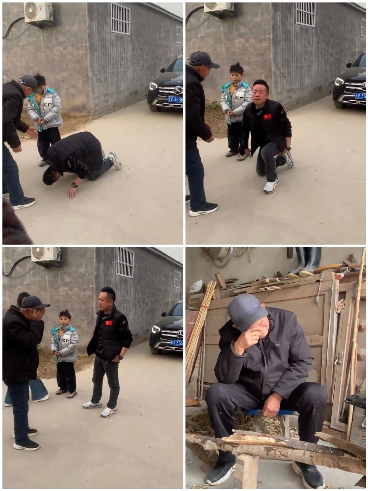 "跪地辞行。"山东菏泽，一男子返工当天收拾好行囊准备出门，突然拉着妻子和孩子，对