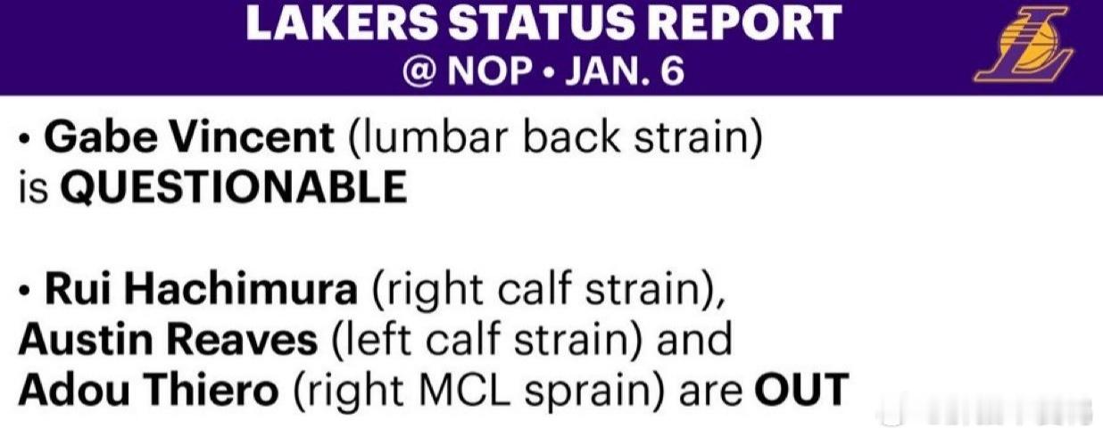 湖人马刺伤病名单来了！湖人迎来一好消息！而马刺一主力缺席！湖人这边——文森特（腰