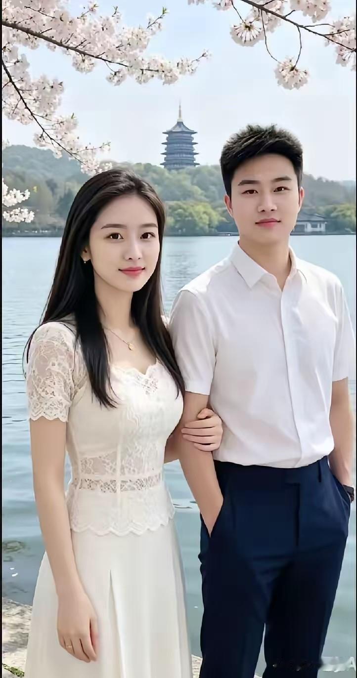 湖边站着一对年轻男女，我说是兄妹俩，同行的朋友非说是一对恋人，因为这点小事 ，朋