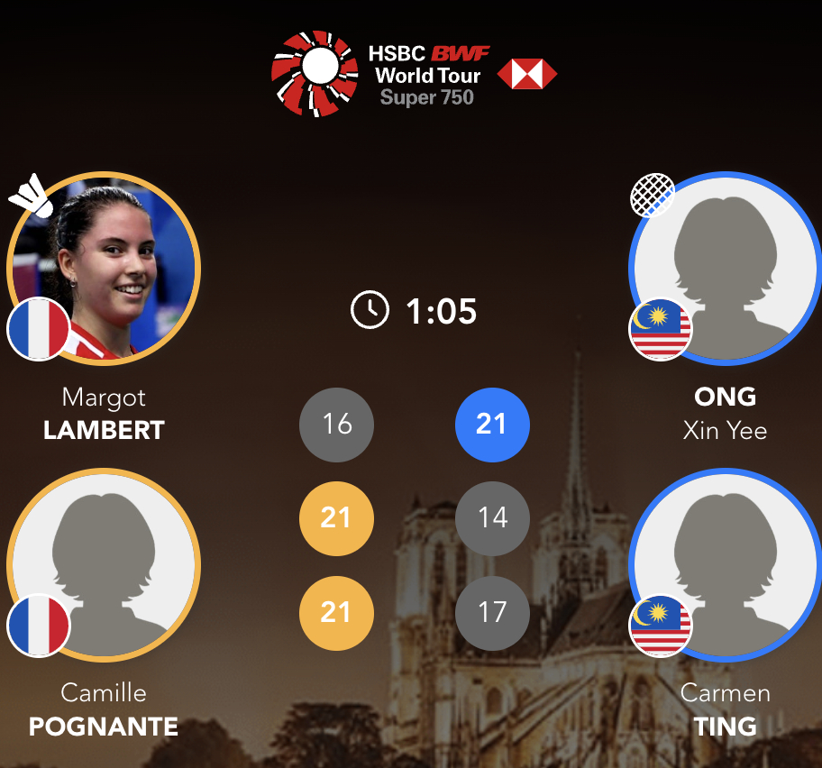 兰伯特/波格南特🇫🇷 16-21、21-14、21-17 🇲🇾王馨渝/陈