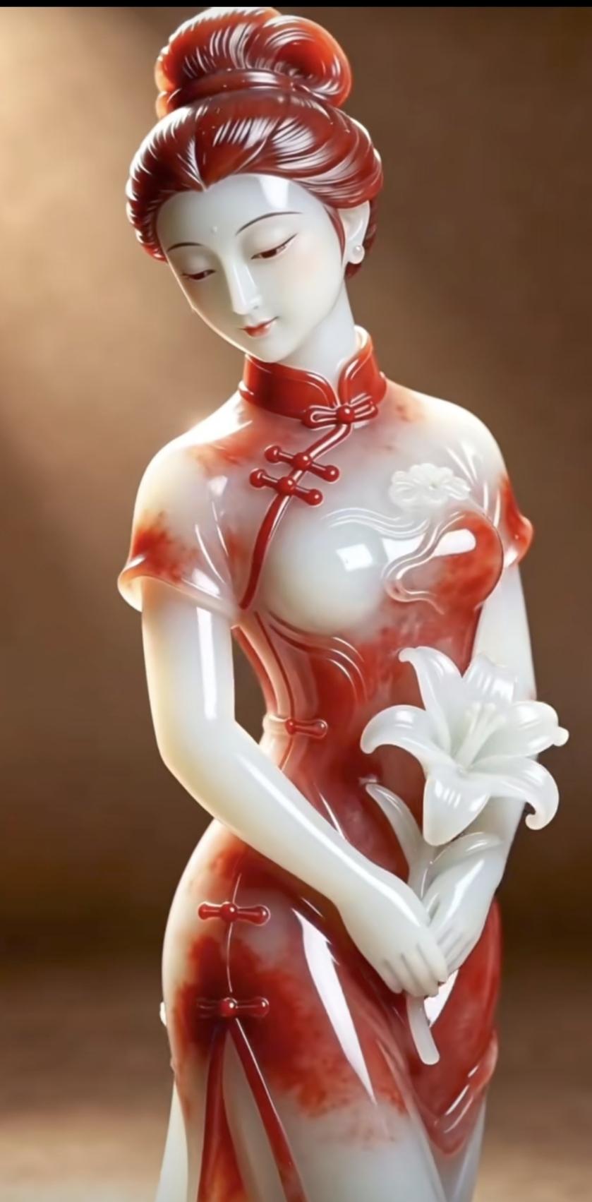 玉雕仕女立娉婷，
掩睇带羞未语声。
一袭旗袍融红白，
百合在手暗含情。