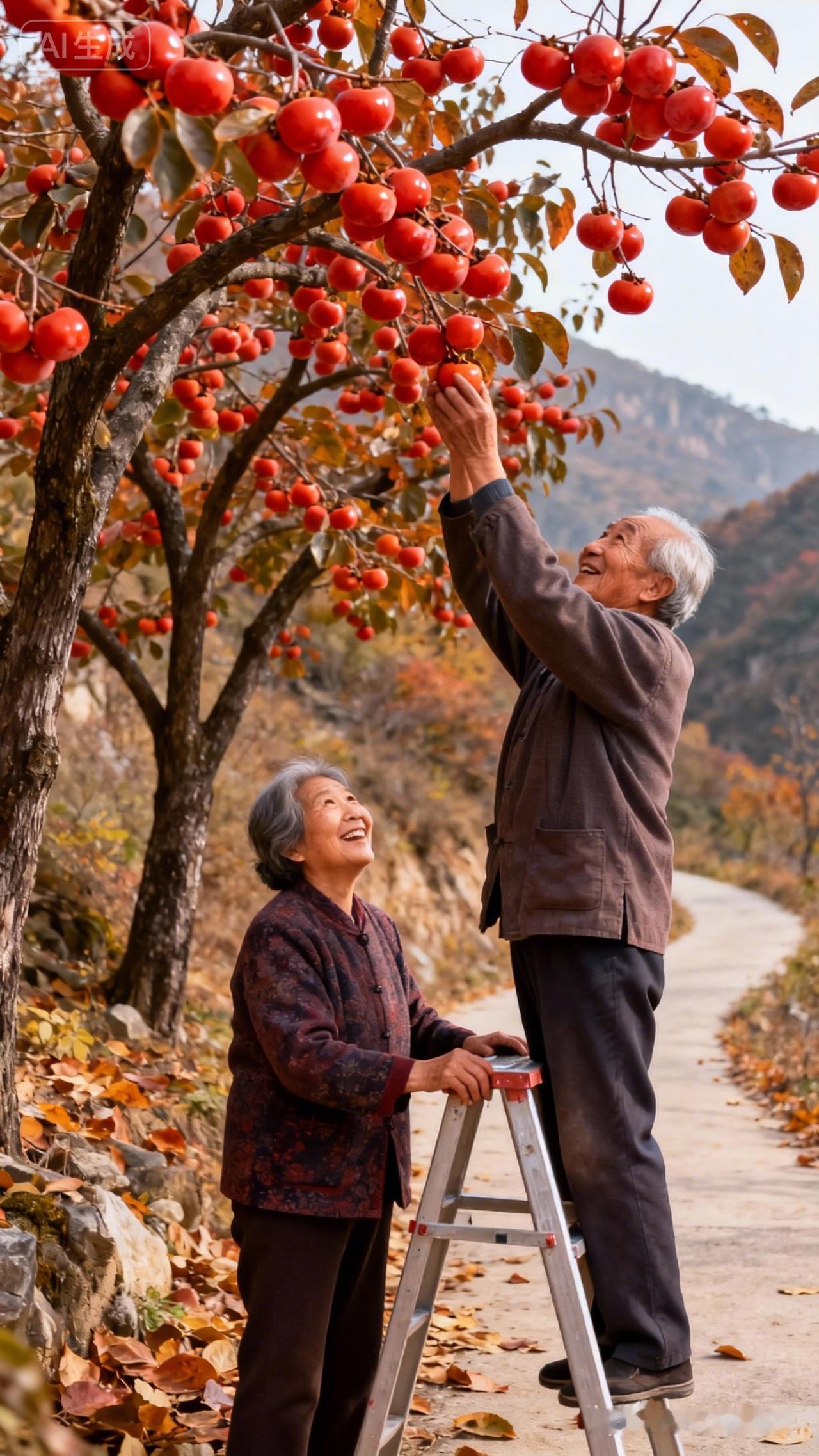老两口在秋天摘柿子，真开心！