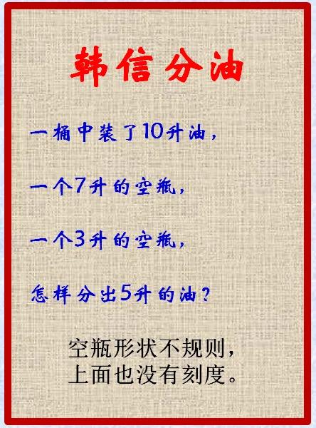 韩信分油，考验智力！你也能分吗？快给孩子测试一下吧！

#趣味动脑筋# #神奇数