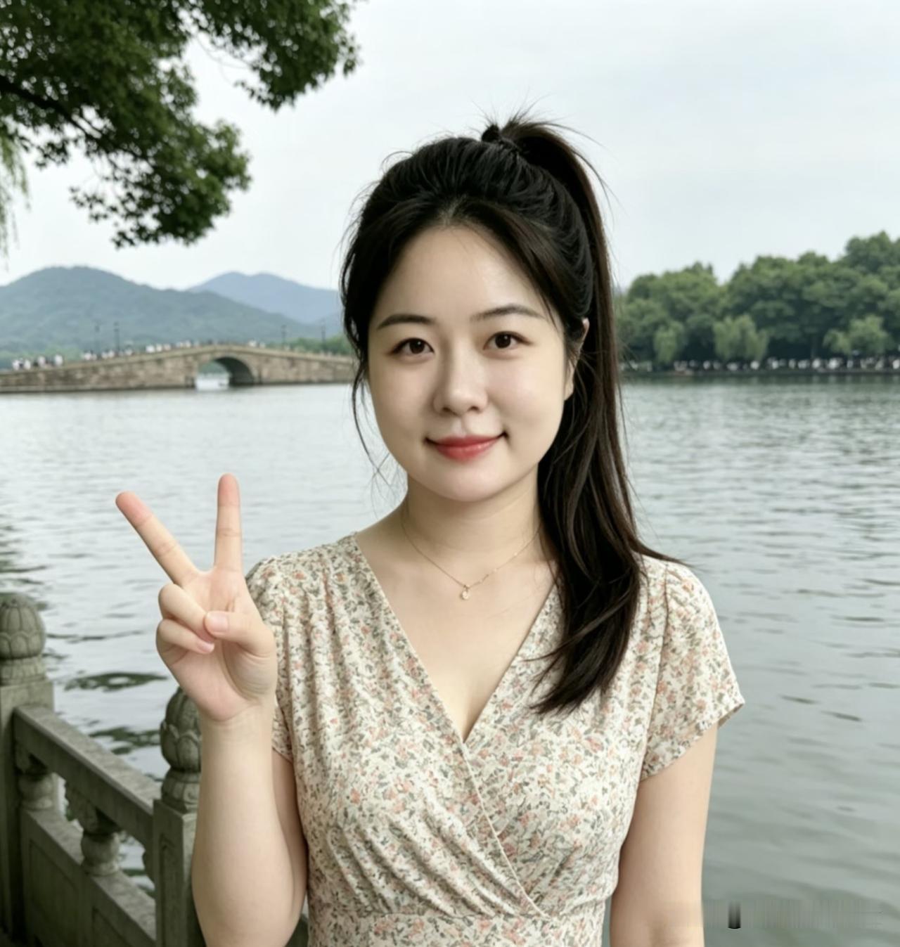 水仙子·西湖俏颜
 
平湖烟翠绕长桥，
柳底清风拂素腰，
倩影浅笑花枝俏。
云轻