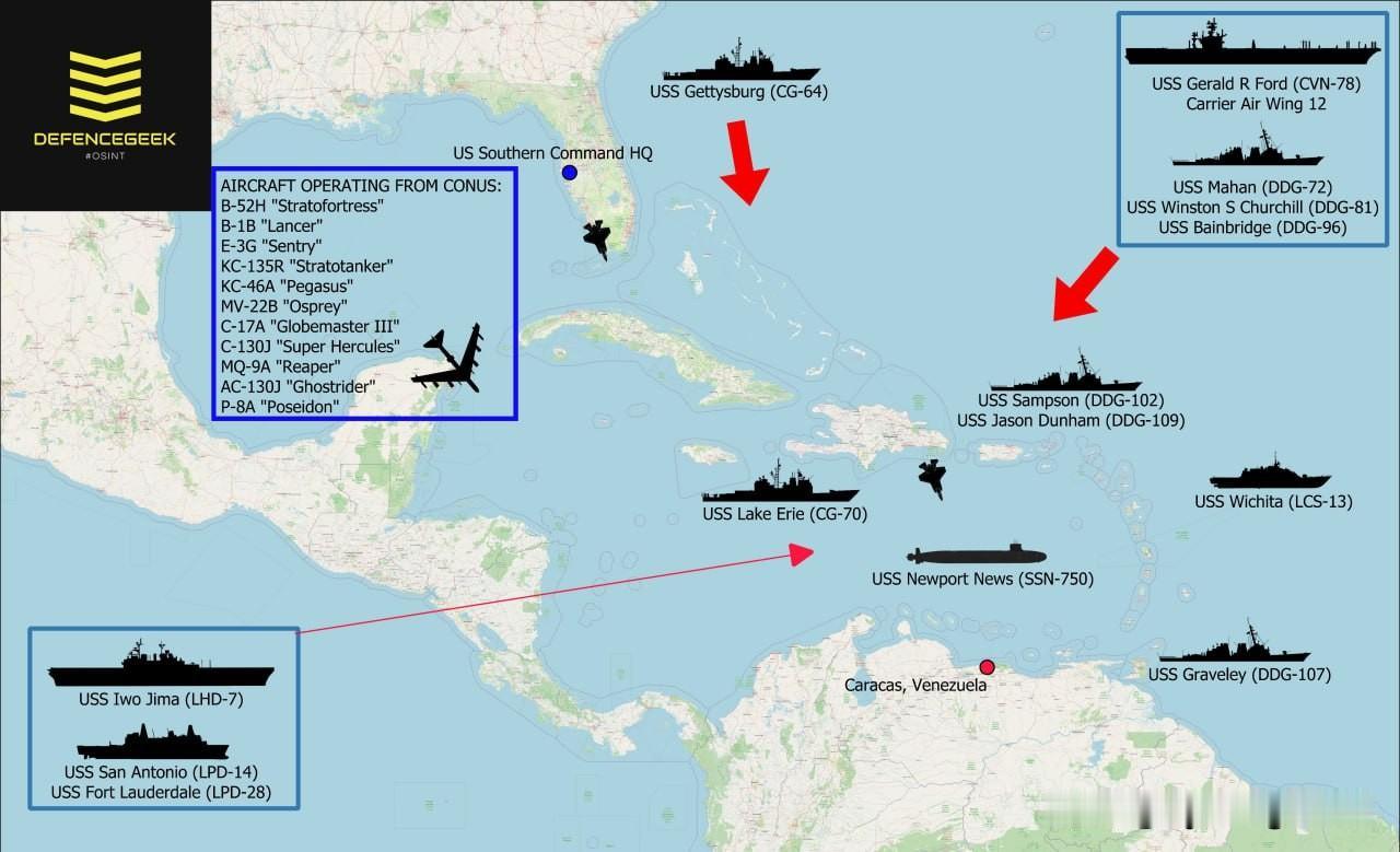 ❗️🇺🇸🇻🇪美国在加勒比海地区集结兵力，向委内瑞拉施压。

舰船位置仅供