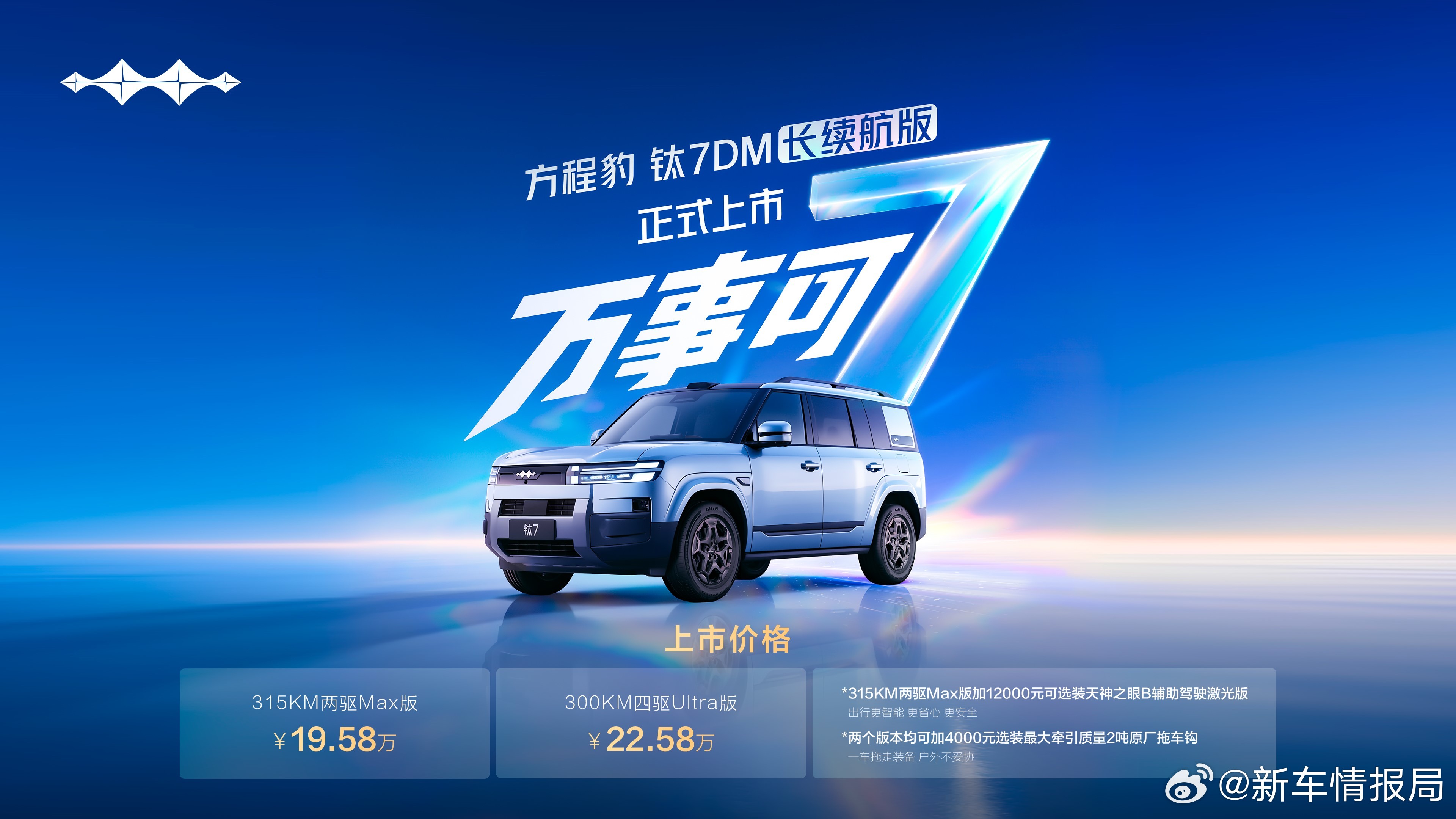 方程豹钛7DM长续航版上市 8月18日，方程豹钛7DM长续航版正式上市，推出两个