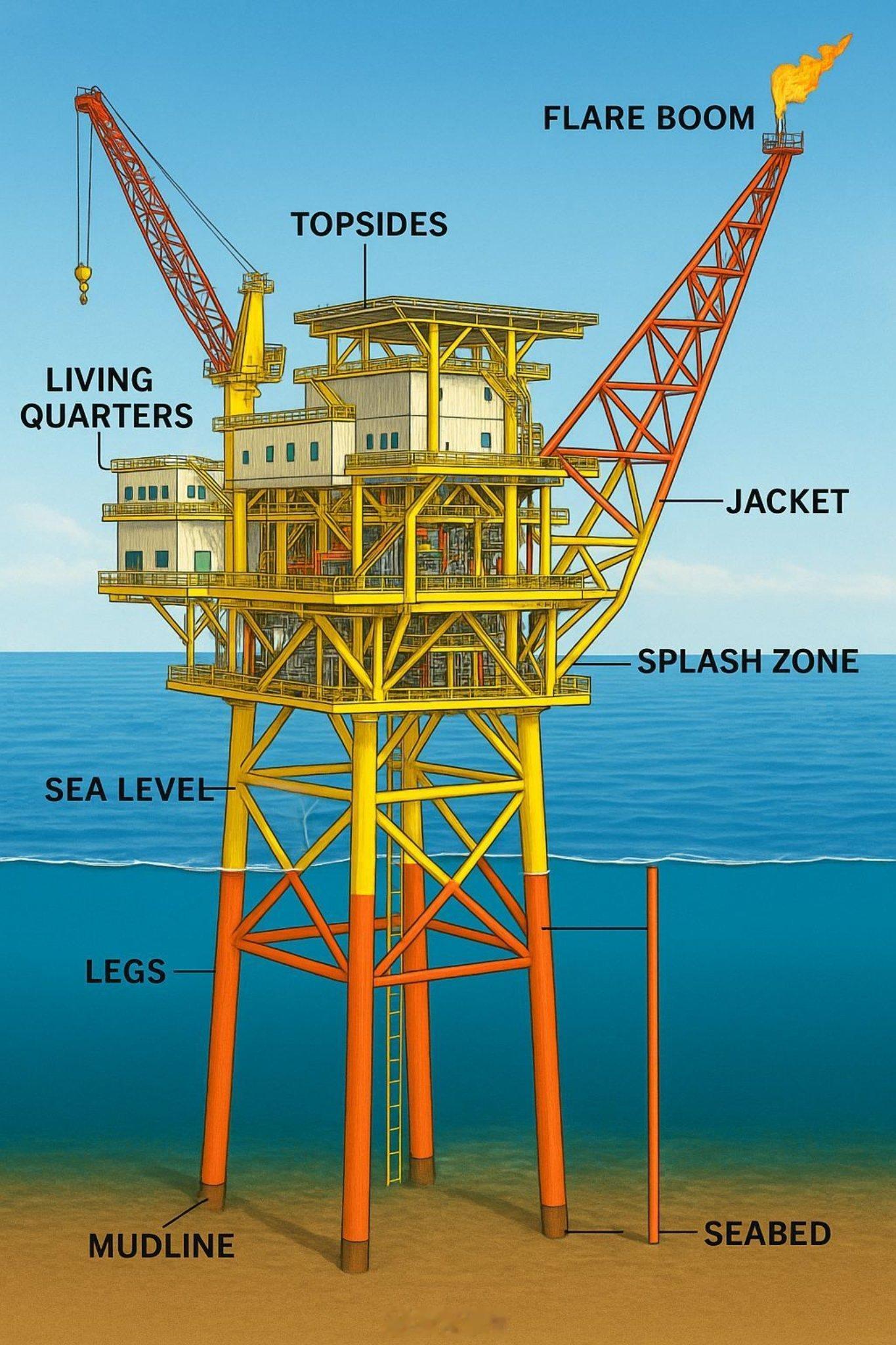 【海上石油平台结构 这是一个固定式夹克平台】专为抵御海浪、 强风和数十年的腐蚀而