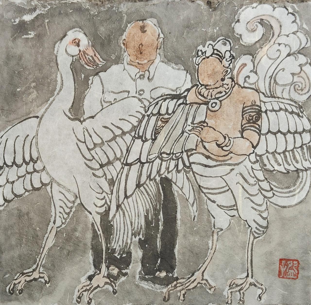 碗子的1/4平尺水墨《逍遥生活》系列
​一梦，有神鸟奏乐。