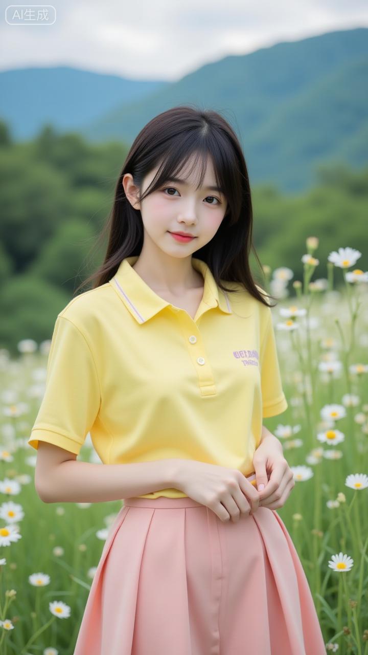 花海中的明黄少女感
 
亮黄 Polo 衫配粉裙，往花海里一站就像把夏天的甜裹在