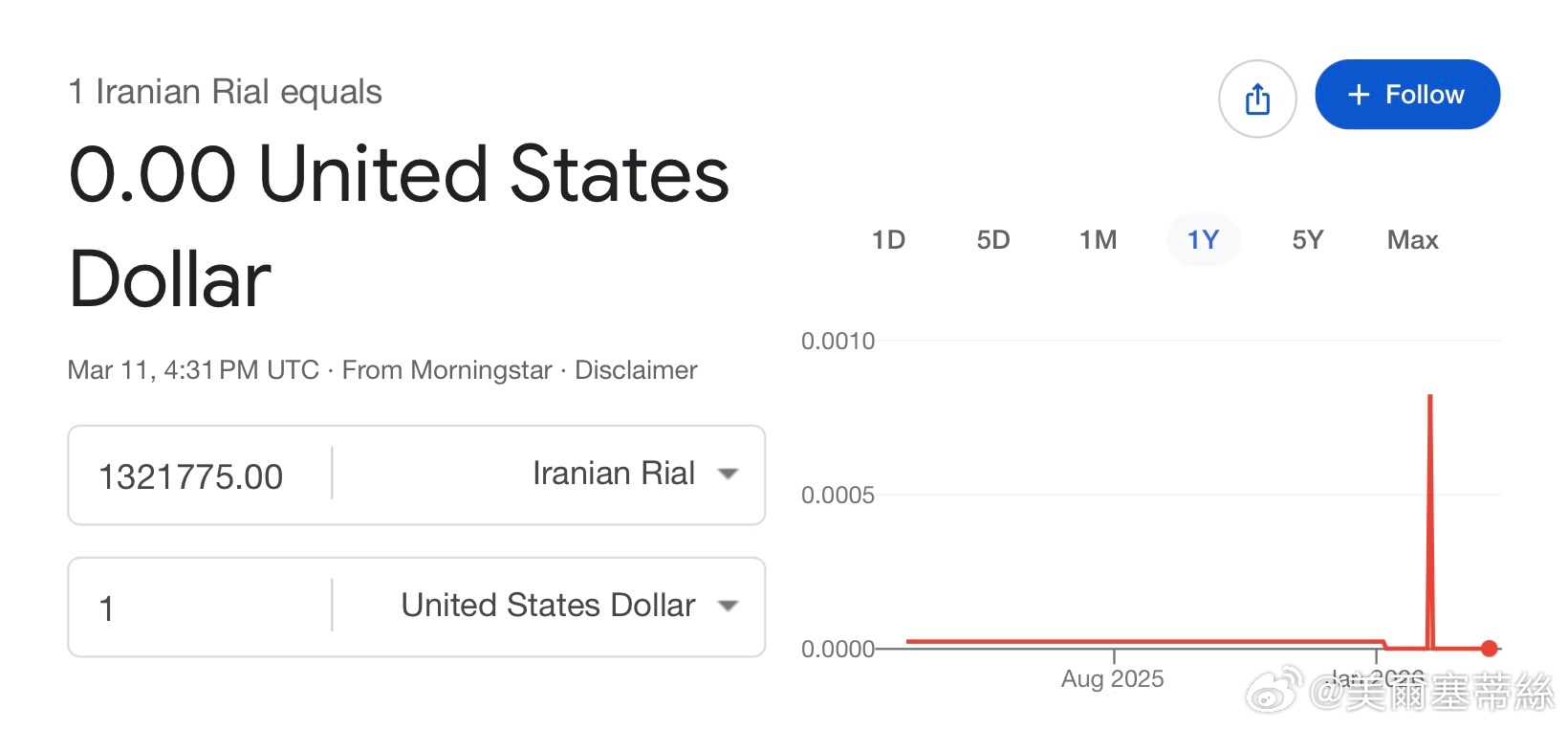 伊朗貨幣里亞爾132 萬里亞爾=1 美元 ，這是基於國際金融市場（如 Morni