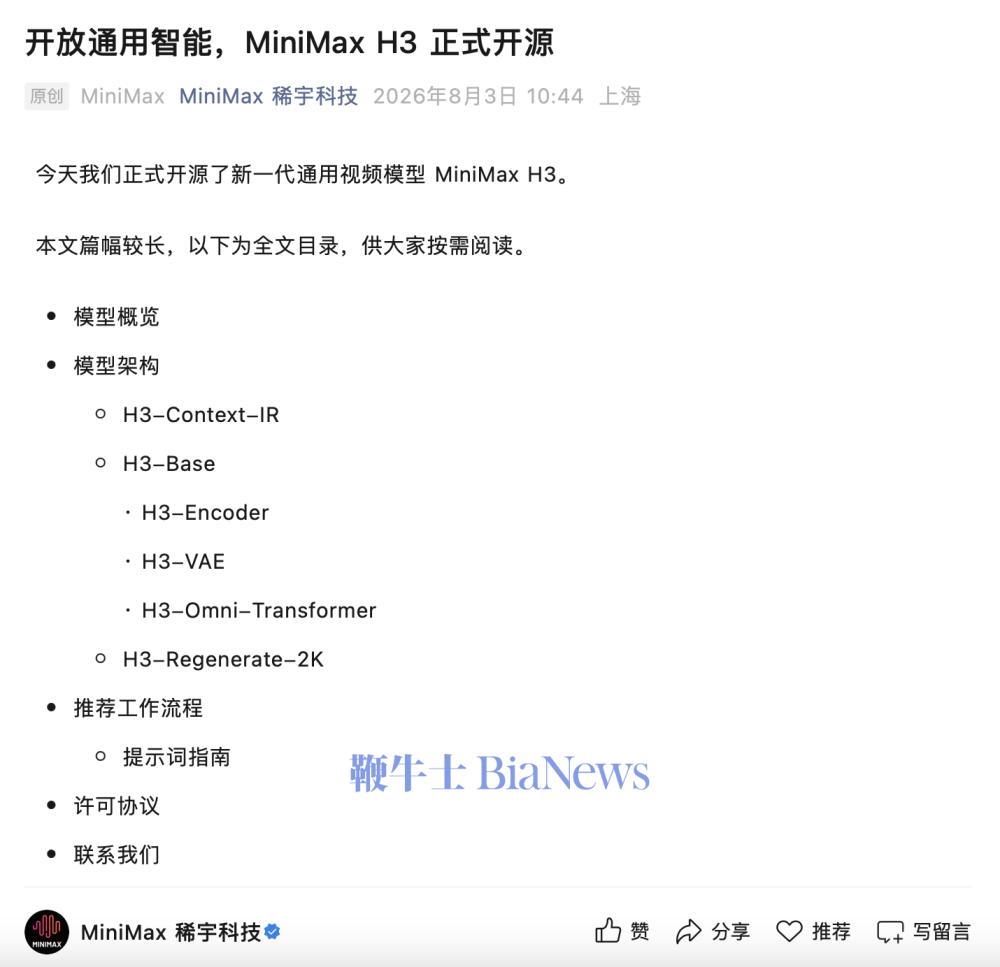 MiniMax H3正式开源