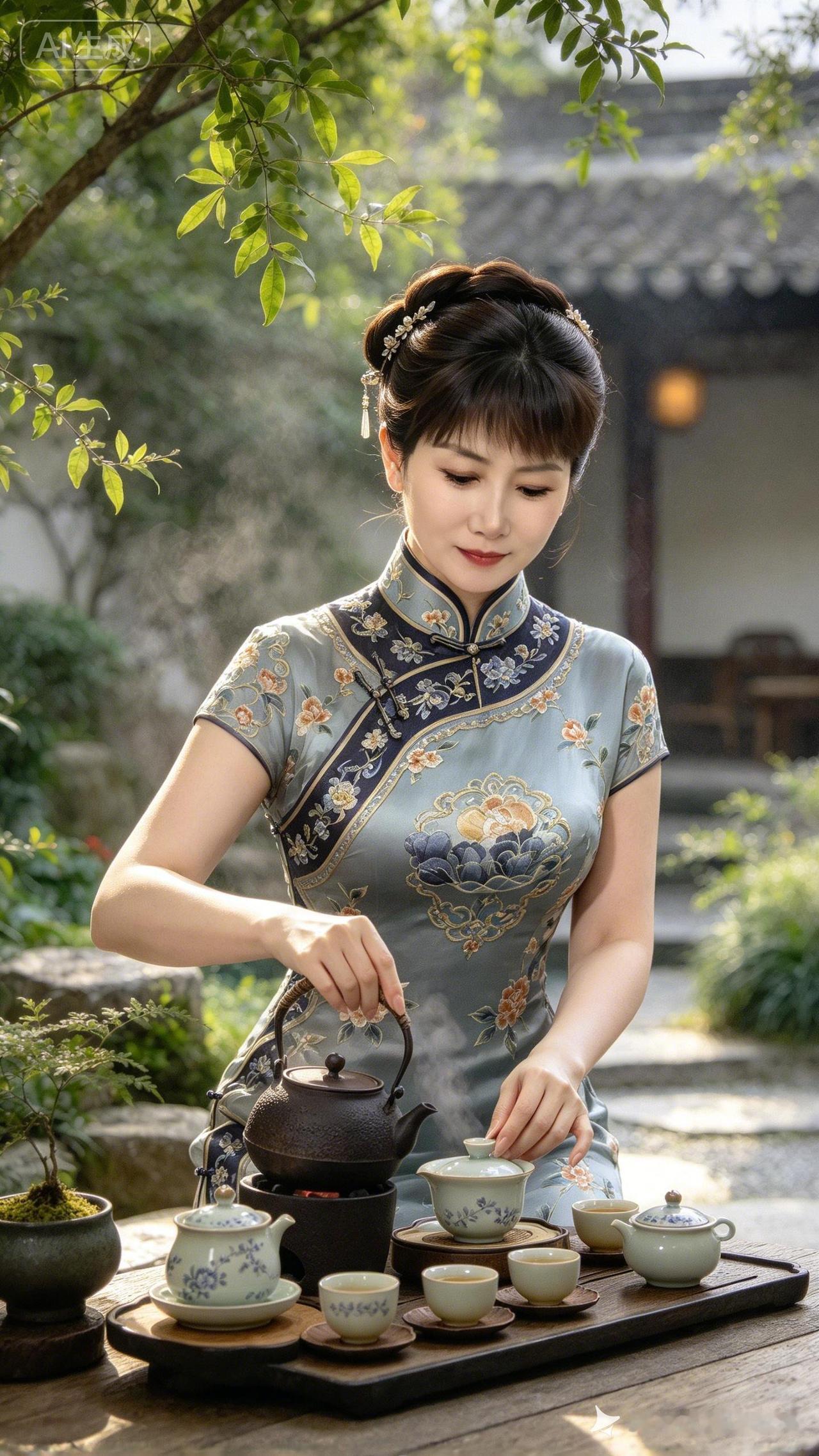 这位美女正在优雅地泡茶。