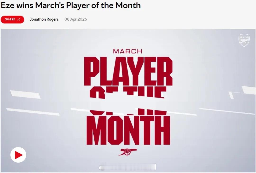 官方：阿森纳 宣布埃泽被评为了队内3月份最佳球员，英格兰人得到了球迷37%的投票