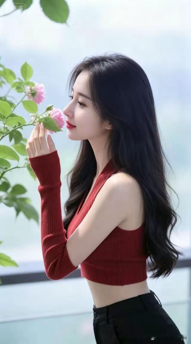 “红衣少女与粉花相映，温柔时光”🌸💕