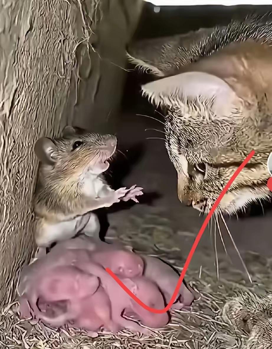 猫吃老鼠，这是猫与鼠之间铁定不变的规律。有这么一只老鼠，带着一窝刚出生的子女，小