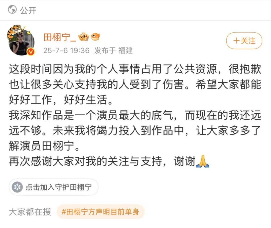 田栩宁发文表示让支持他的人受到伤害很抱歉，作品才是一个演员最大的底气，一定会竭力