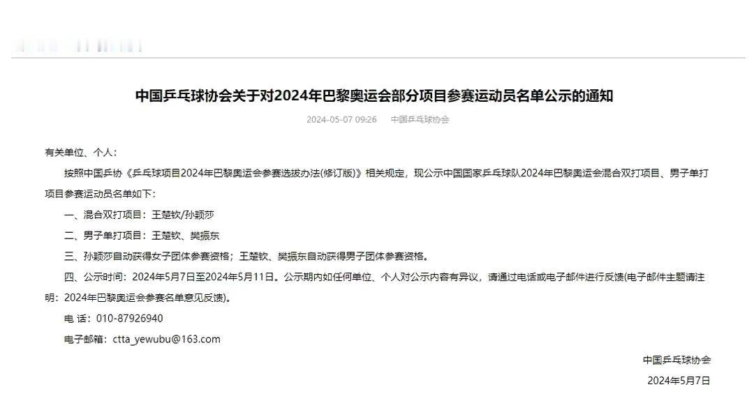 中国乒乓球队巴黎奥运参赛名额已经基本定了，唯一悬念在女单第二人选！
男单：王楚钦
