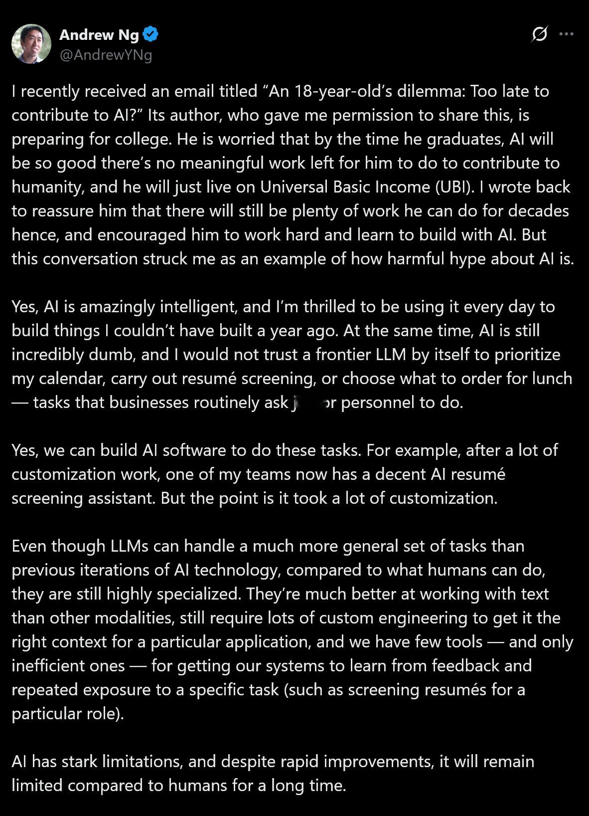 吴恩达的一封信，解答 “18岁青年的困境：为AI贡献已太晚？”及对AI炒作的看法