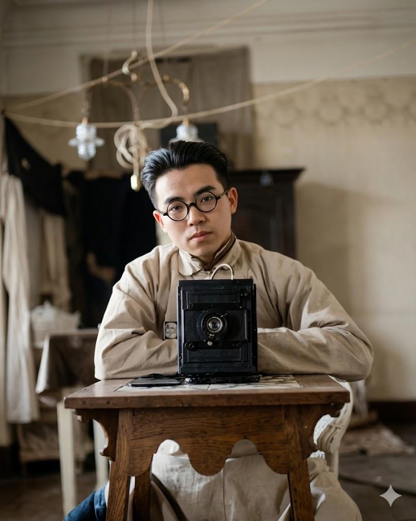1923年，即将远赴美国学建筑的梁思成，用桌上这台老式皮腔相机拍下了一张自拍。
