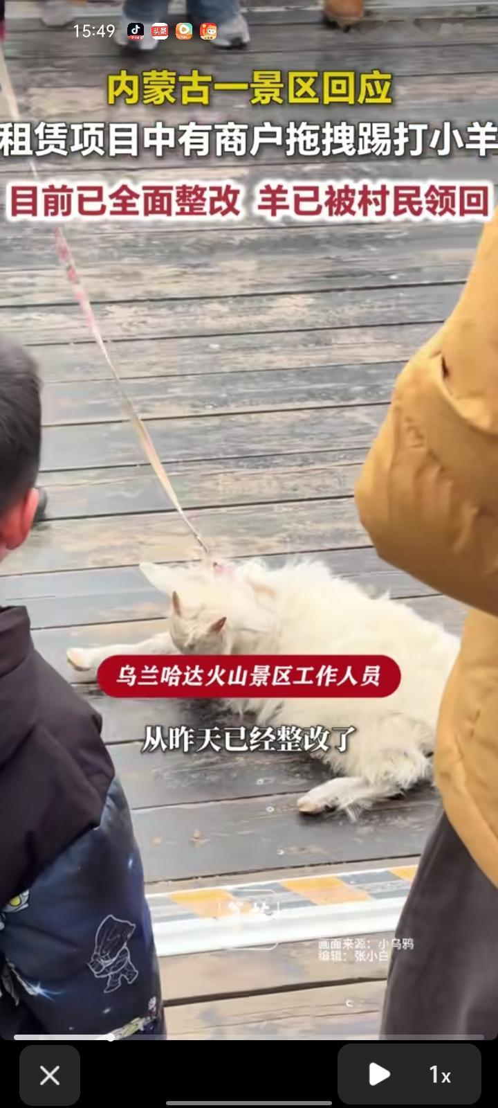 10月5日，内蒙古乌兰察布。网友发视频称，景区租赁项目中有商户拖拽踢打小羊，这些