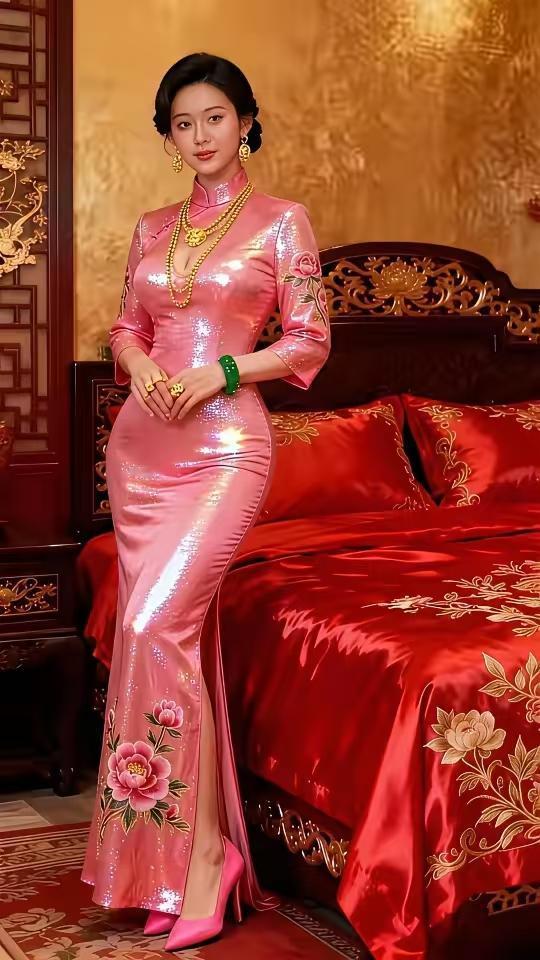 山坡羊·绝美粉红旗袍
粉袍披翠，
绣纹呈瑞，
金辉相映姿容媚。
玉镯随，韵盈眉。