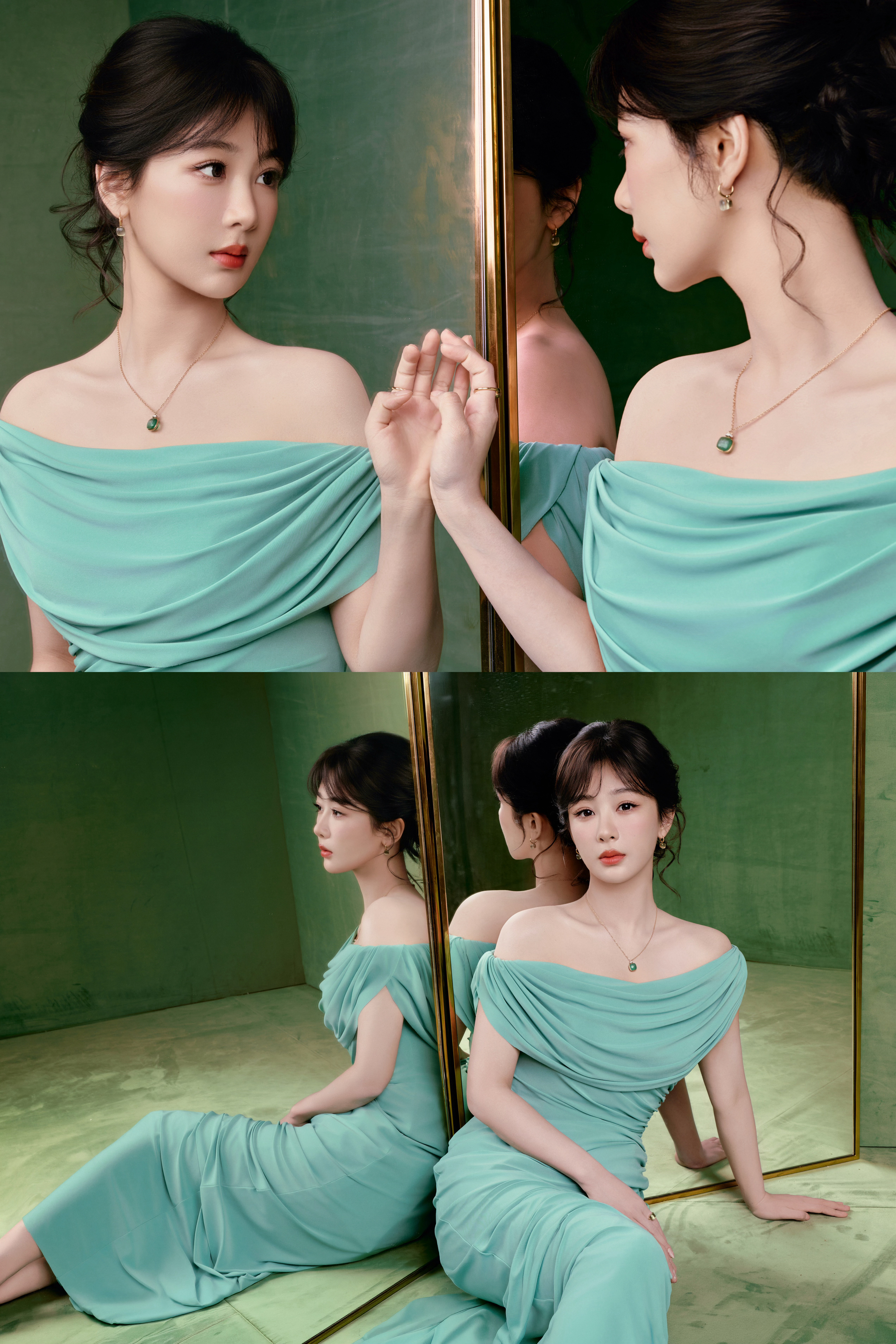 杨紫 in 玉泽品牌直播活动，身着Poem斜肩捏褶礼服搭配Pomellato珠宝