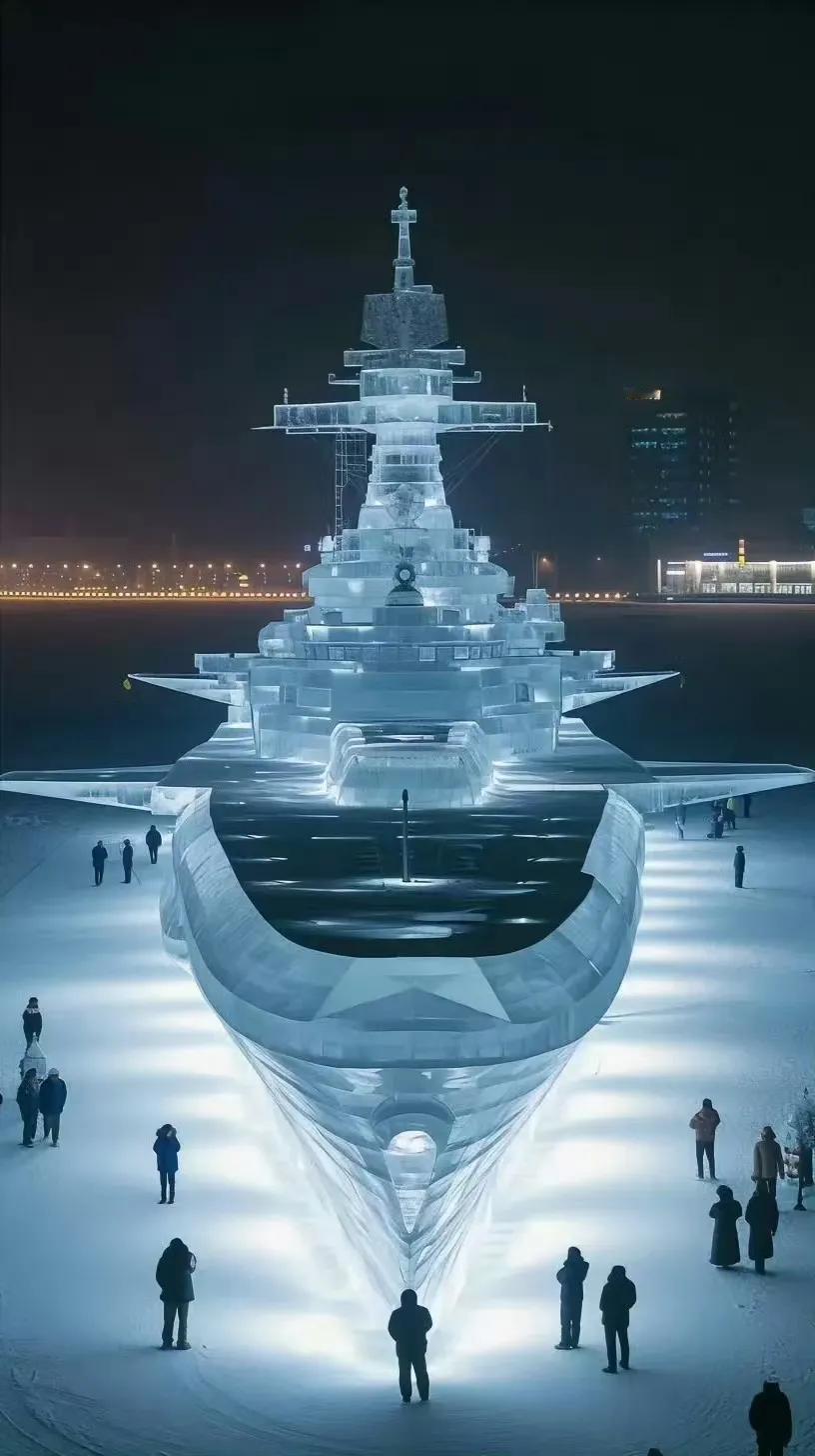 绝美了！辽宁舰的冰雕，像科幻大片一样的观感！冰雪艺术的杰作！
就在哈尔滨闯关东广