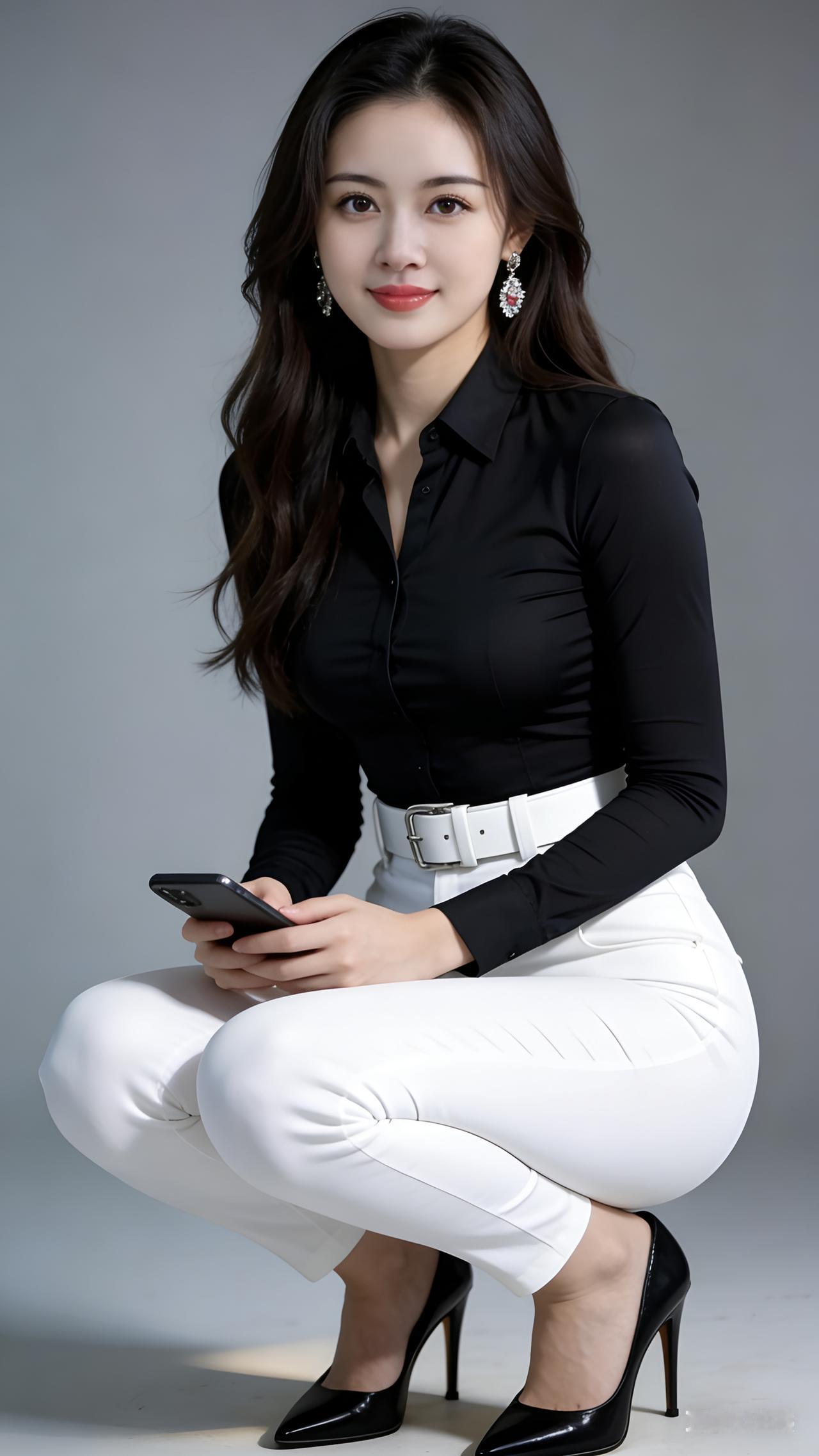 棕柔顺长发女生精致妆容，黑紧身上衣配白西裤白腰带，手持手机踩黑高跟，曲线曼妙，纯