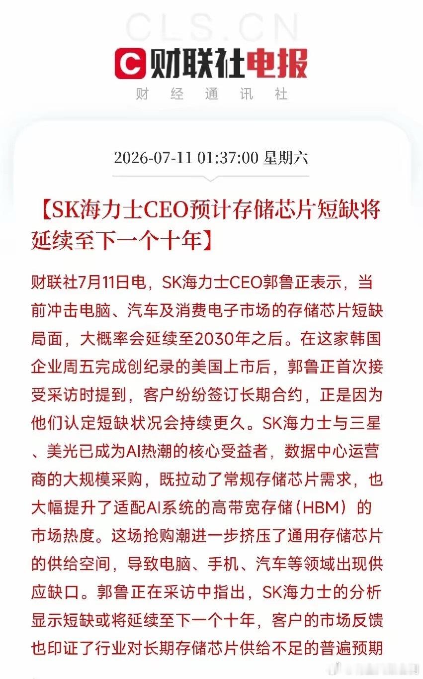 凌晨一点，一段来自SK海力士CEO的采访，像一盆冷水，又像一剂强心针，打在了近期