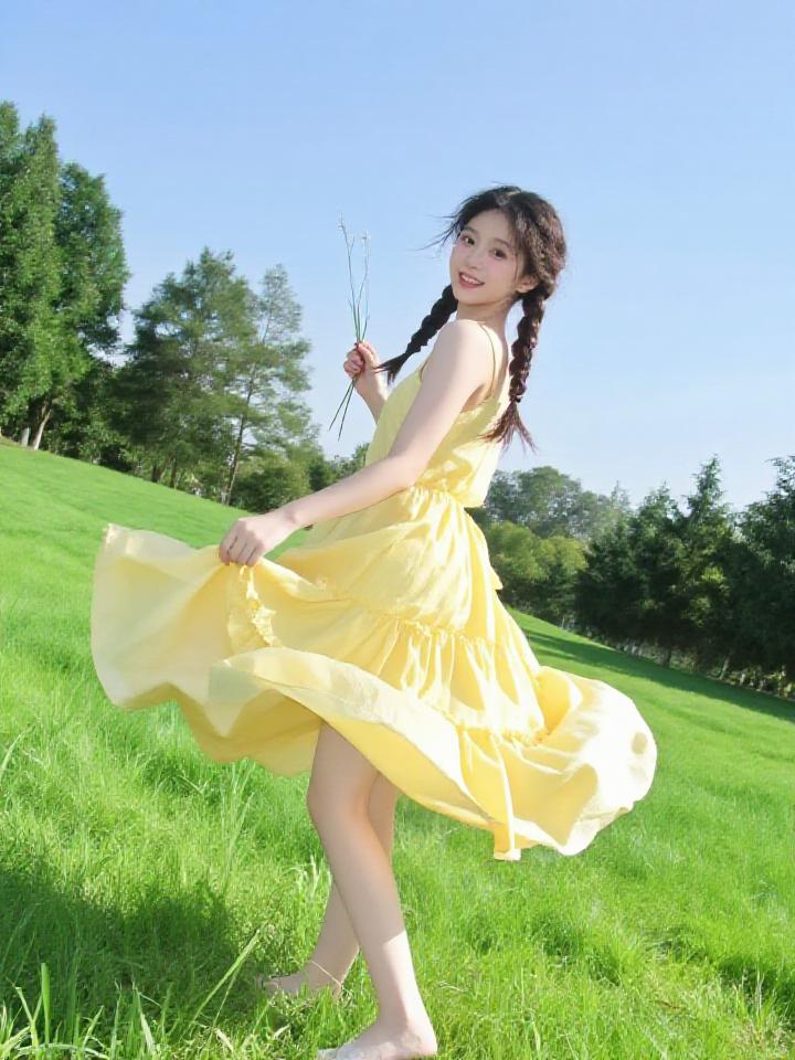 这套穿搭是清新甜美的自然少女风，将灵动姿态与明媚色彩融合得恰到好处。鹅黄吊带连衣