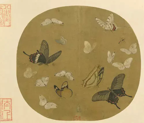 宋 佚名 晴春蝶戏图页，纨扇页，绢本。体态雍容华丽的凤蝶、娇小素净的粉蝶等蛱蝶1