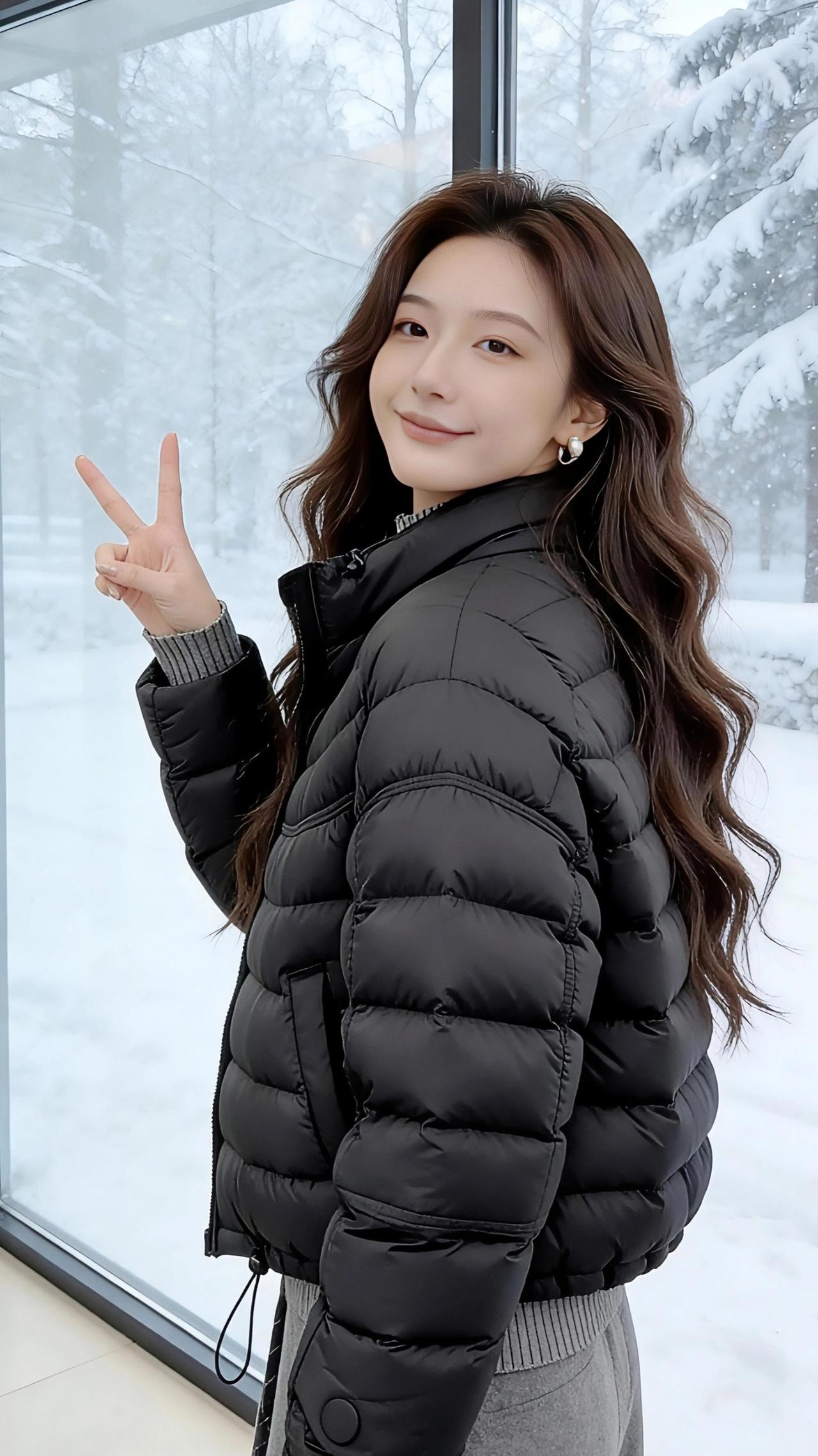 雪窗下的羽绒暖意
 
玻璃窗上凝着细碎的霜花，将室外的雪色滤成一片温柔的白。她裹