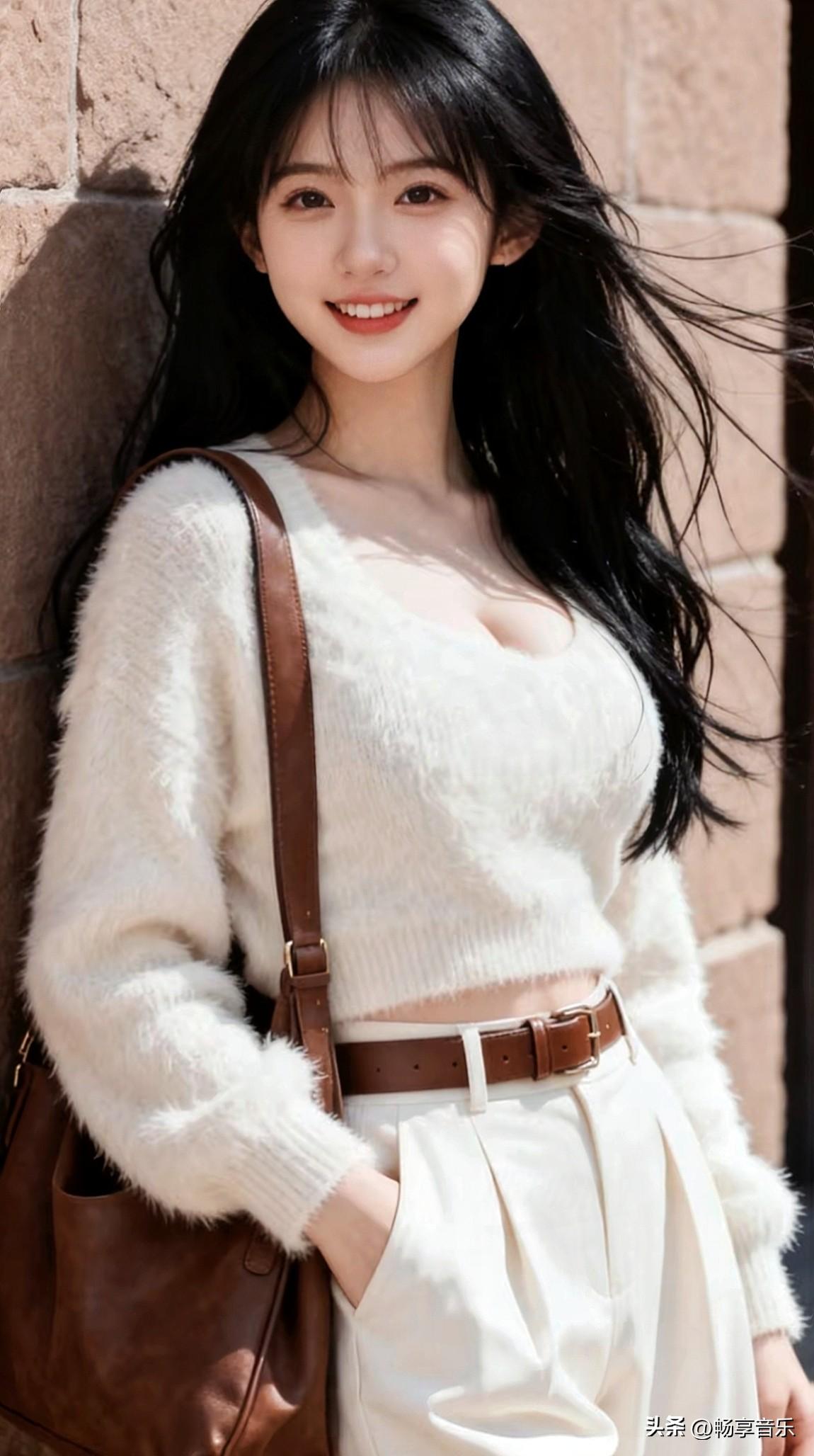 软糯白毛衣搭米色高腰裤，清甜少女感拉满，元气值瞬间爆棚～分享一个治愈系笑容手机随