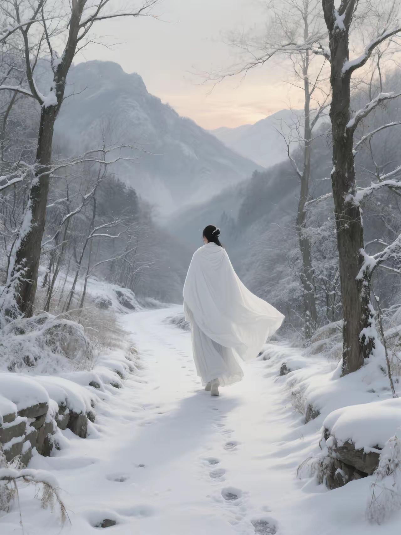 暮雪千山藏古道，
北风万水向东流。
横批：《千山与万水》