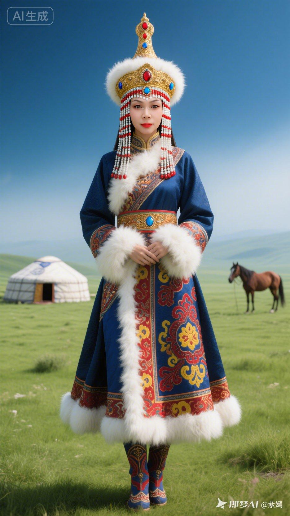 草原上的蒙古美人，身着传统服饰，尽显民族风情！