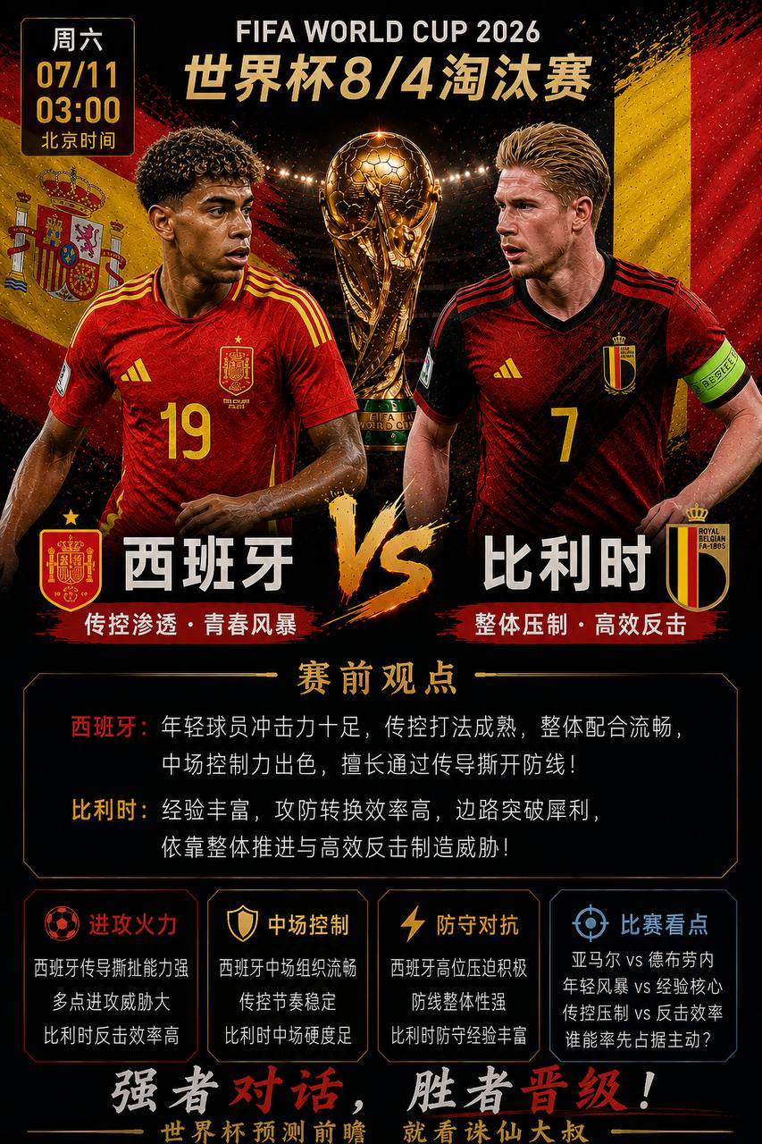 🔥大叔世界杯8强深度解析｜西班牙VS比利时：传控与冲击的巅峰较量，四强门票究竟