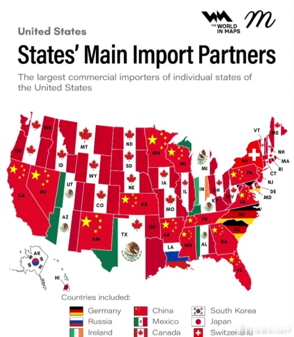 美国各州主要进口国的清晰情况：如您所见，加拿大位居第一(now 25％的关税），
