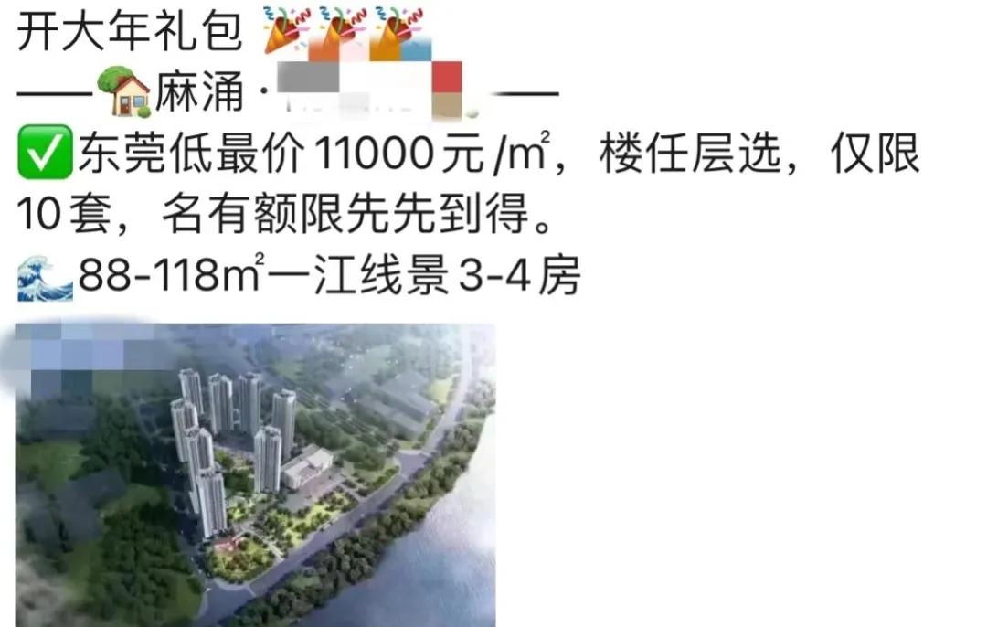 东莞楼盘开始抢跑了。位于麻涌一楼盘打出了11000元/㎡的促销价，楼层任选。相比