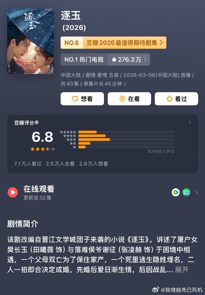 张凌赫田曦薇逐玉豆瓣开分6.8逐玉豆瓣张凌赫田曦薇逐玉豆瓣开分6.8，逐玉豆瓣有