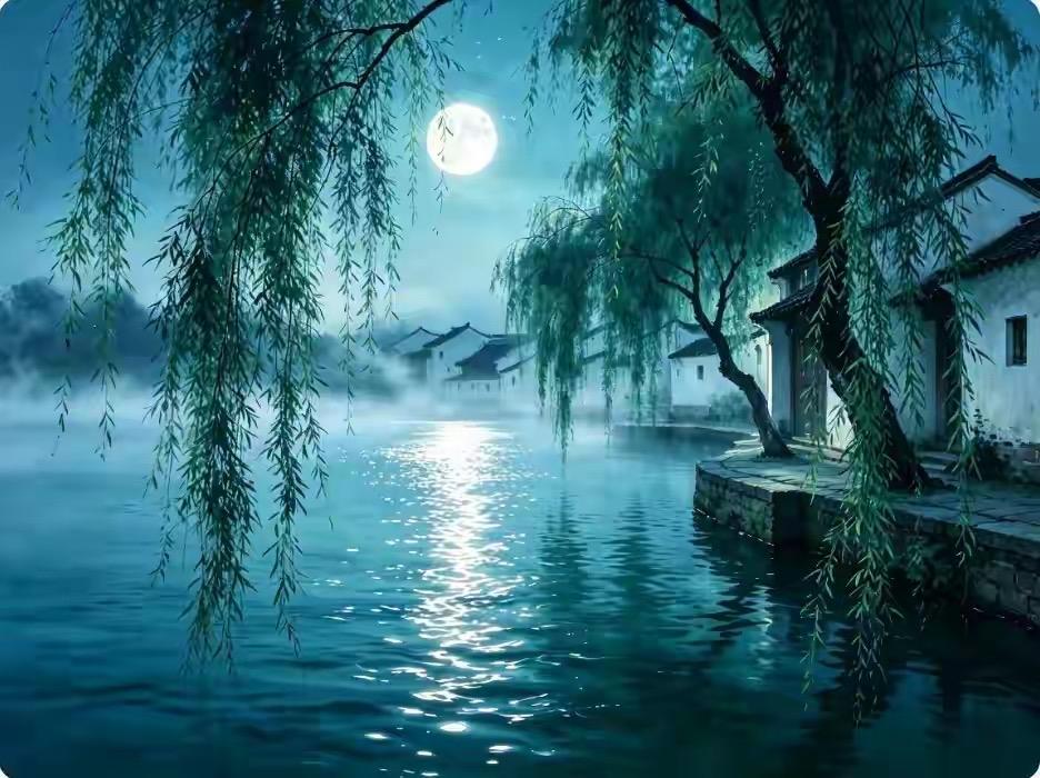 风梳翠柳，
雨润驕杨。
横批：《翠柳与驕杨》
