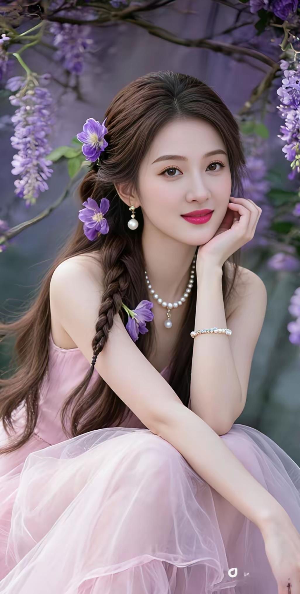 梦幻花海中的甜美少女，粉色裙摆与紫色花束相映成趣，宛如童话世界中的公主。
