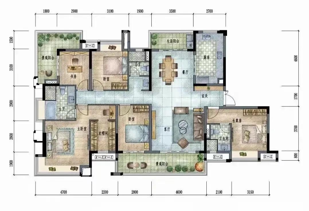 185.61㎡四房三卫，把改善的舒适度做到了极致！
 
餐客通厅无多余隔断，空间