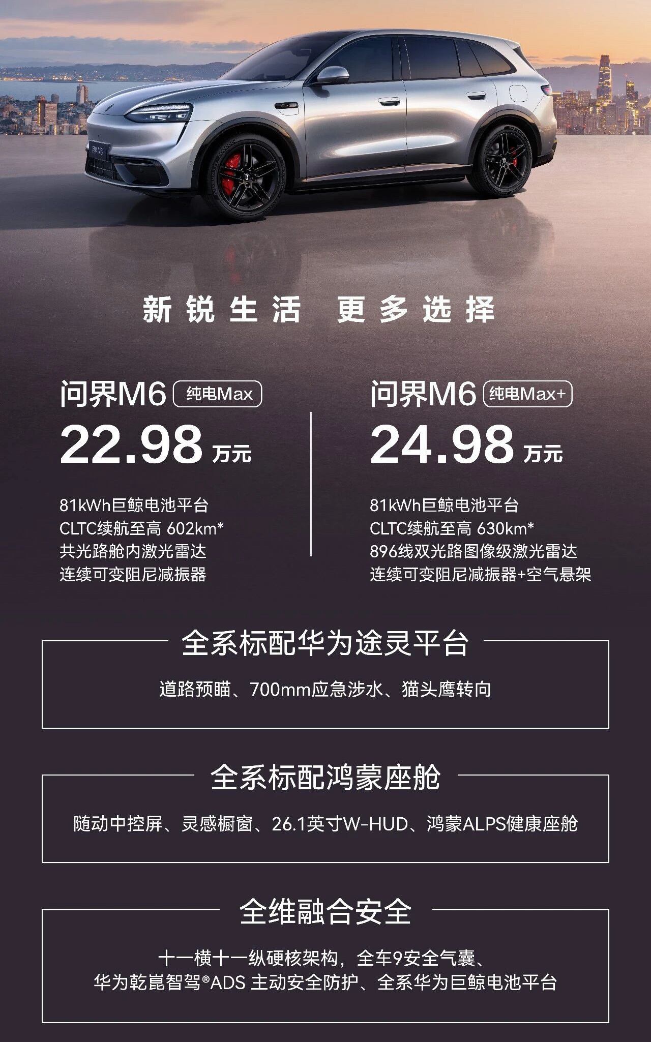 今天 问界M6 上新，增加2款门槛更低一些的「纯电版」，均为81kWh电池（之前